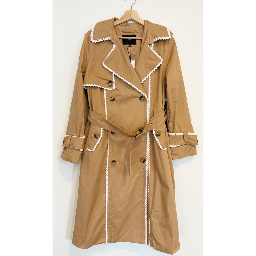 7 for‎ All Mankind || Crochet Lace Trim Belted Trench Coat Tan M NWT